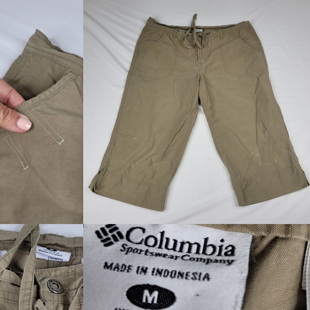 M COLUMBIA KHAKI FLORAL VELCRO POCKETS DRAWSTRING TRAIL CAPRI PANTS medium
